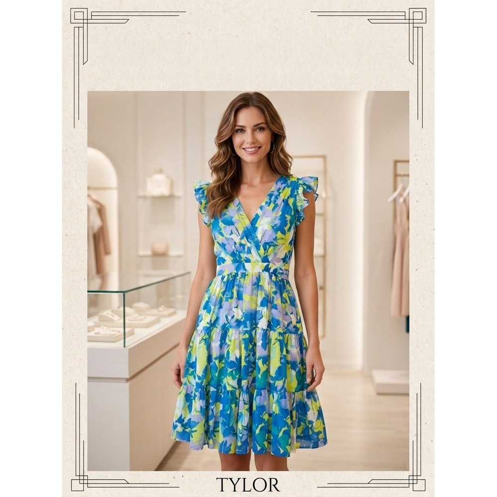 Taylor Floral Tiered Midi Dress Blue Green Purple Ruffle Sleeve V-Neck Size M